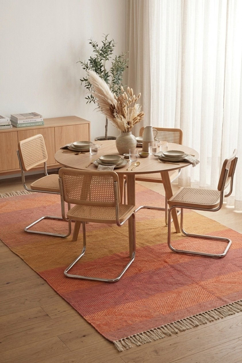 A round wooden dining table with four woven cane chairs and chrome cantilever frames, set on a striped orange and rust area rug in a bright, modern dining room.