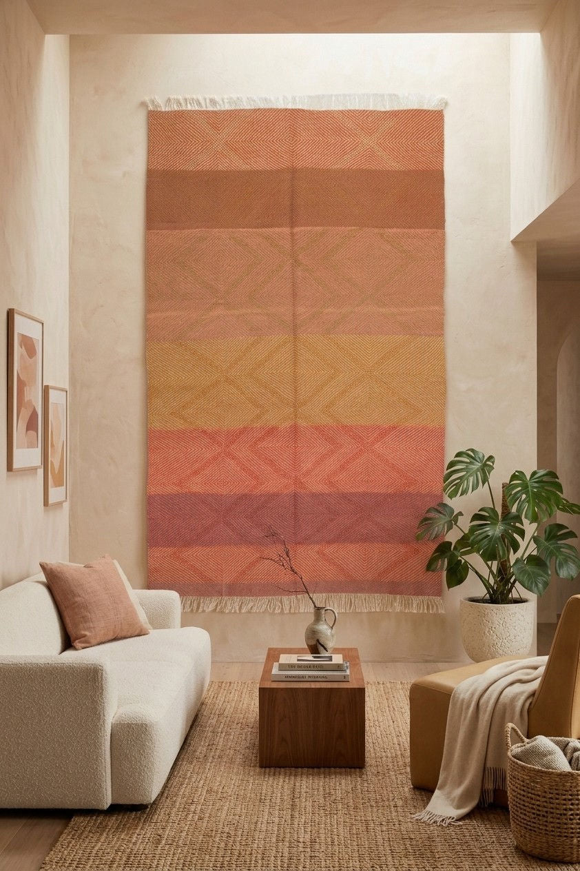 A large Zanafi woven rug  used as wall hanging or tapestry with horizontal terracotta, peach, orange, and muted pink stripes hangs on a beige wall in a styled living room with a sofa, coffee table, plant, and rug.