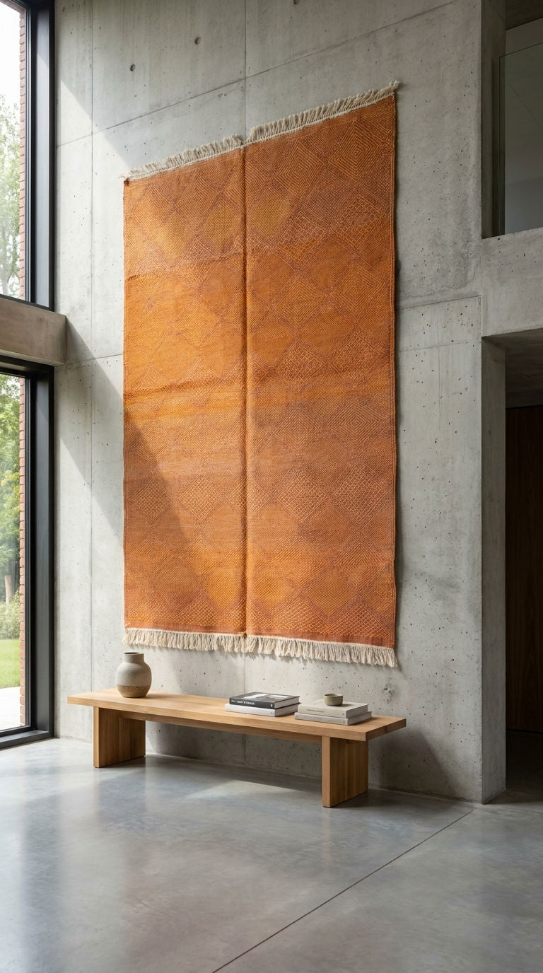 A large rectangular orange-brown woven rug with fringe is displayed hanging on a concrete wall in a modern interior with a wooden bench and large windows.