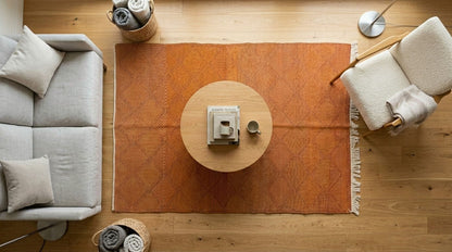 An overhead view of a modern living room setup featuring a prominent rectangular terracotta orange rug with fringe, styled with a round wooden coffee table, a light gray sofa, and a cream armchair on a light wood floor.