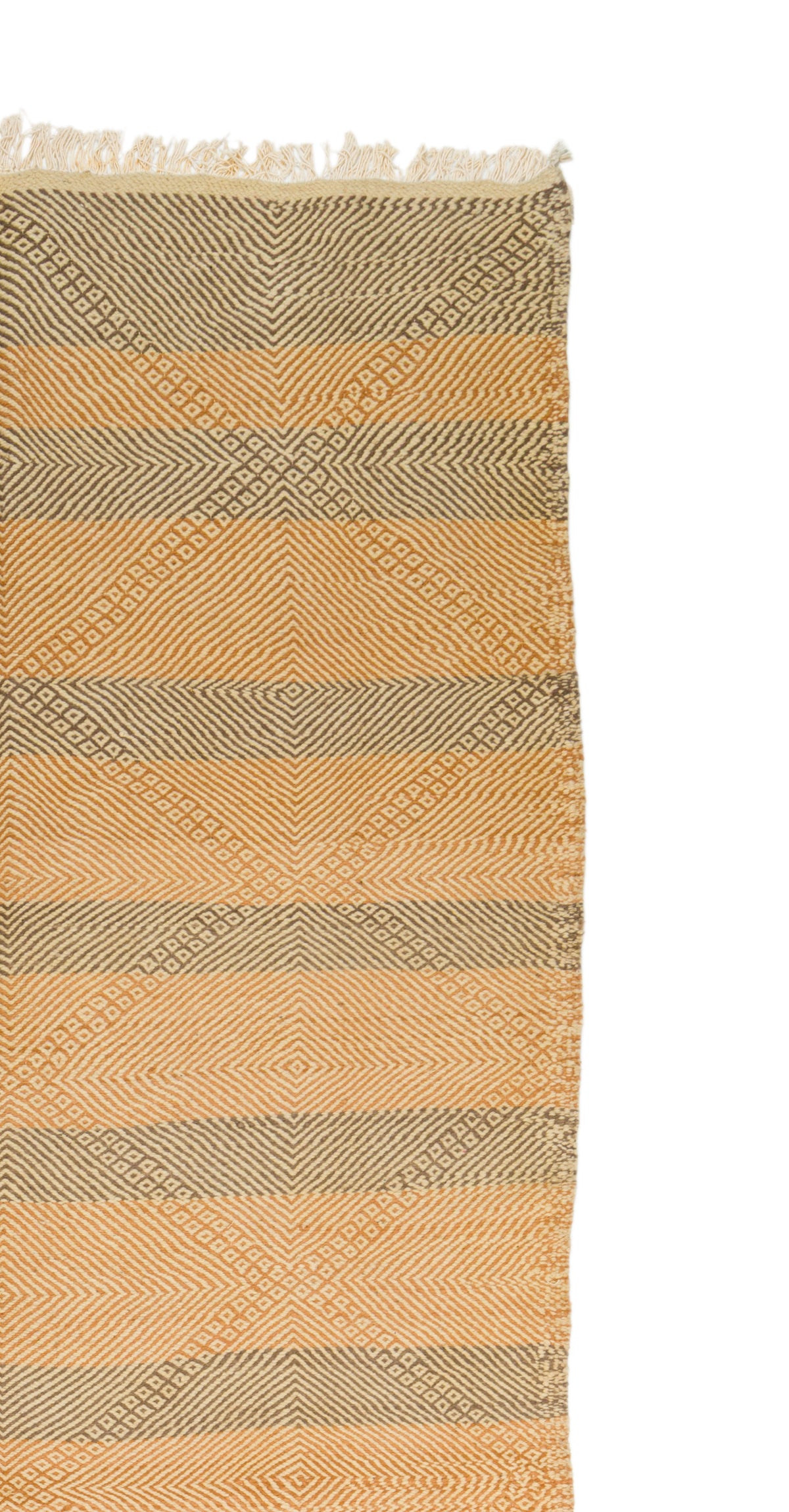 A close-up of a woven ru with horizontal stripes in warm beige and muted taupe, featuring a subtle geometric diamond pattern and fringed edges at the top, shown against a white background.