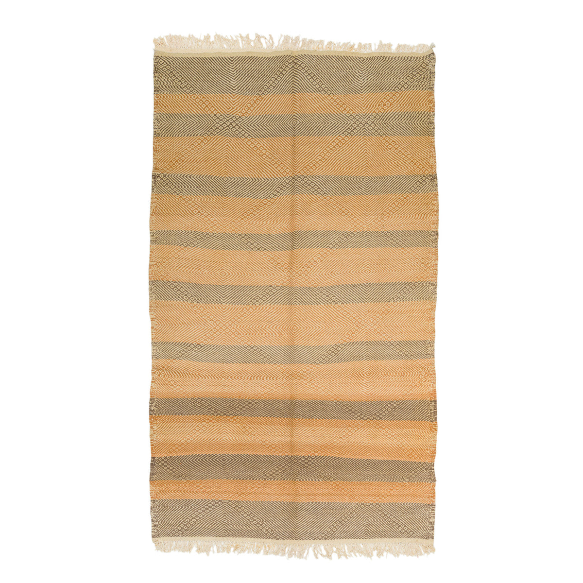 A Moroccan wool rug with horizontal stripes in warm tan, beige, and muted gray, featuring fringed edges on a plain white background.