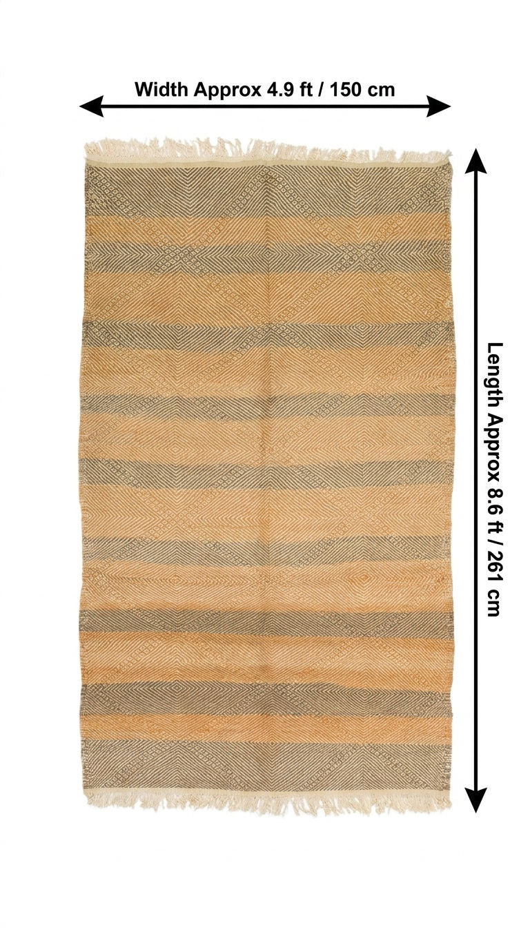 A rectangular woven rug with horizontal beige, tan, and brown stripes and fringed edges, shown with dimension.