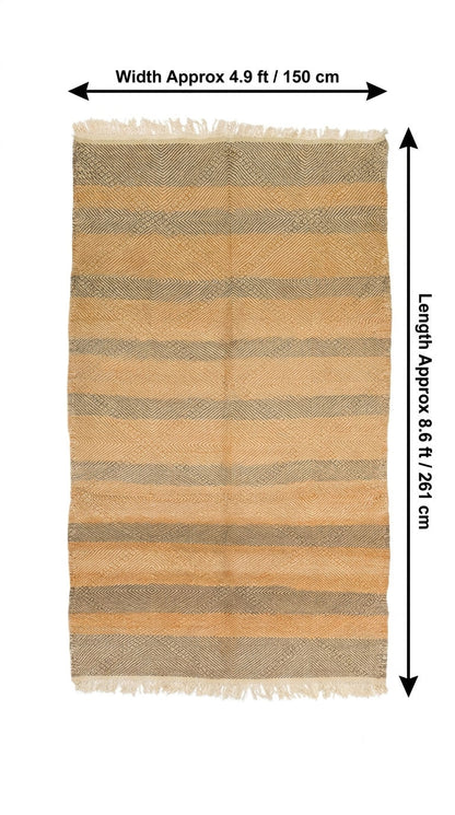 A rectangular woven rug with horizontal beige, tan, and brown stripes and fringed edges, shown with dimension.