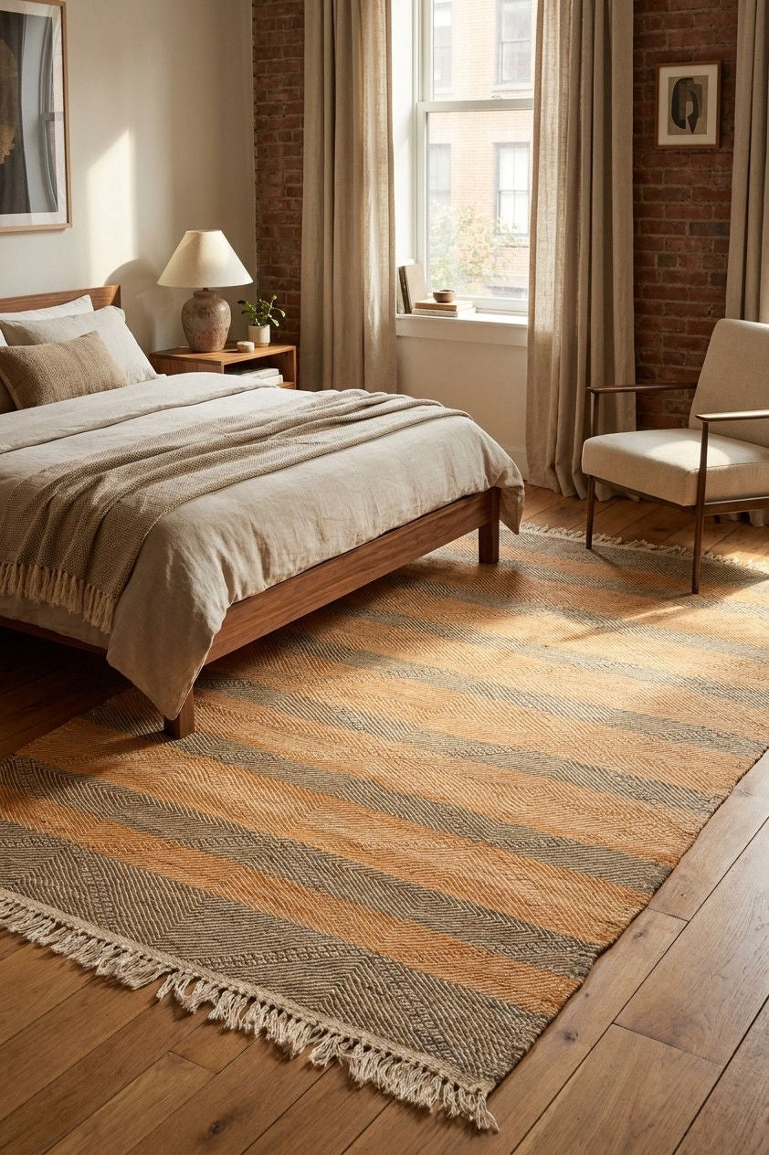 A large woven area rug with horizontal stripes in beige, brown, and muted orange, styled in a warm, sunlit bedroom next to a wooden bed and brick wall.