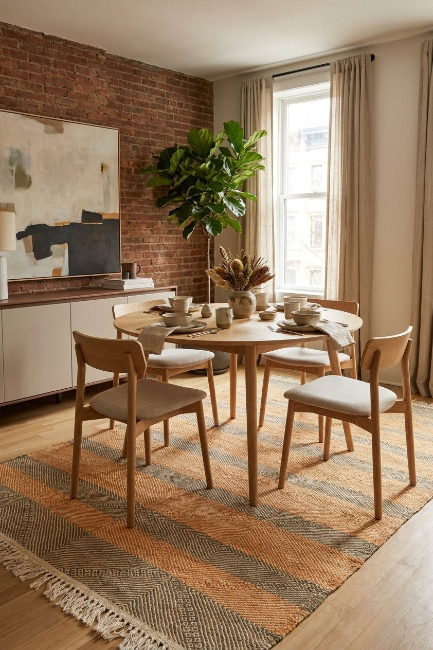 A dining room scene with a round wooden table and four light wood chairs with cream upholstered seats, set on a striped woven area rug. The room has a brick accent wall, a large potted green plant, a sideboard with abstract wall art, and a tall window with beige curtains.
