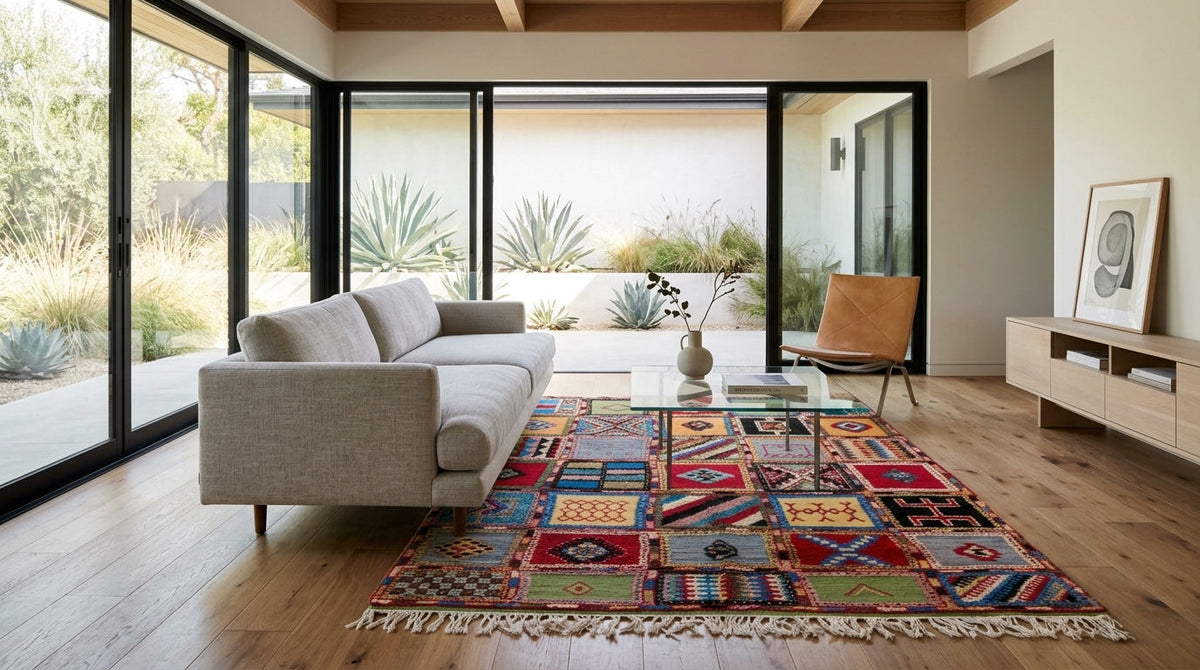 A large, colorful patchwork-style area rug with fringe is styled in a modern living room with a light gray sofa, glass coffee table, and large black-framed sliding glass doors.