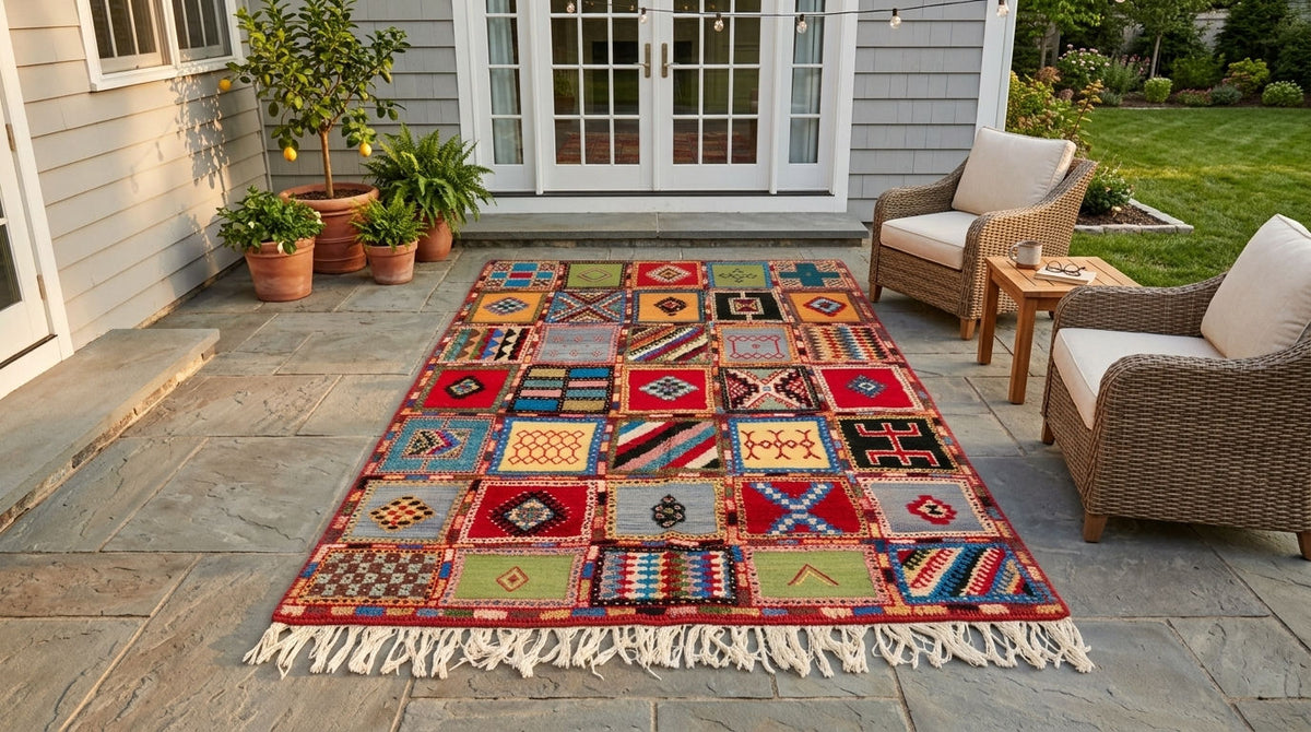 A colorful patchwork-style outdoor area rug with fringe, displayed on a stone patio between two wicker armchairs in front of a house with white-framed glass doors.
