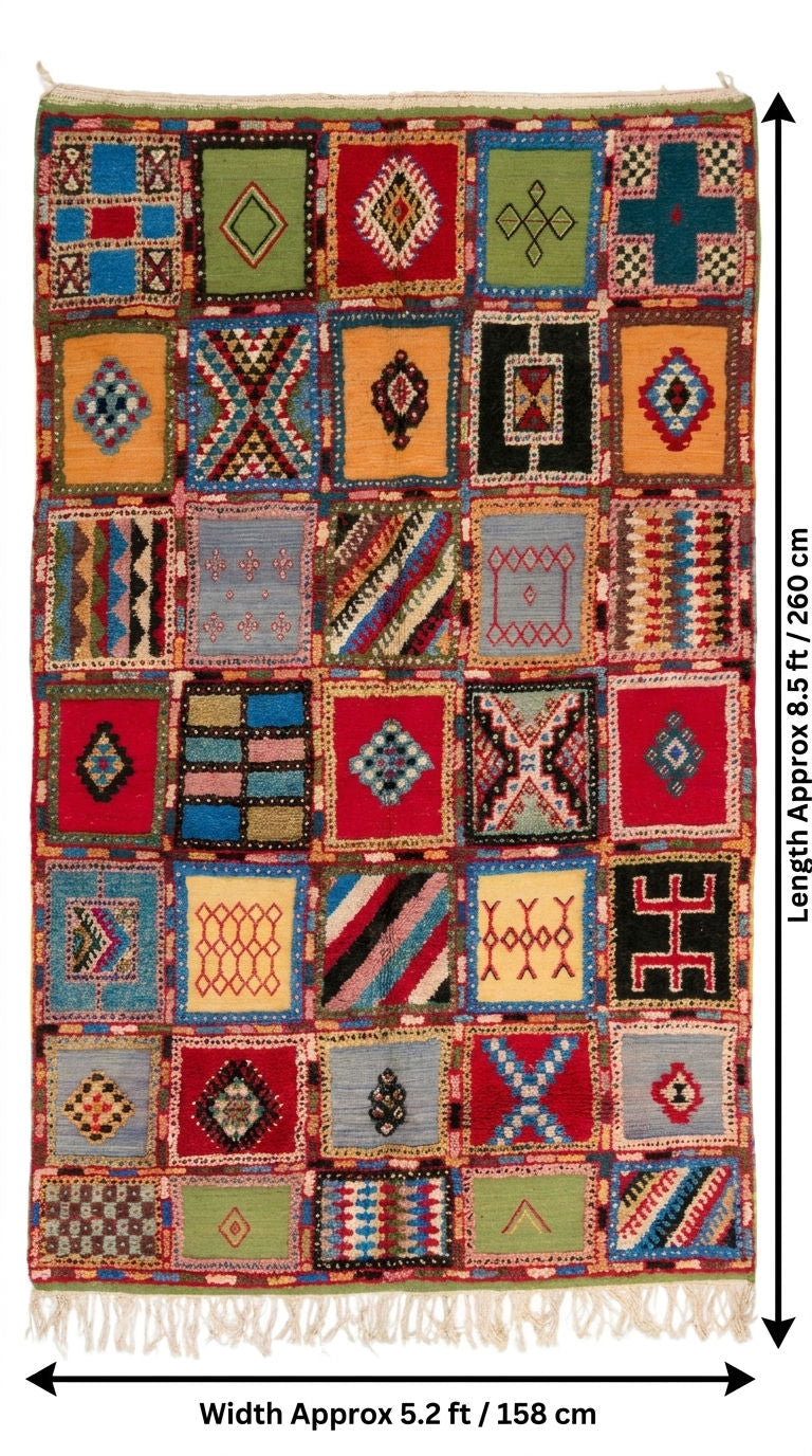A multicolor patchwork-style rug with geometric and diamond motifs, shown flat against a white background with dimension arrows.
