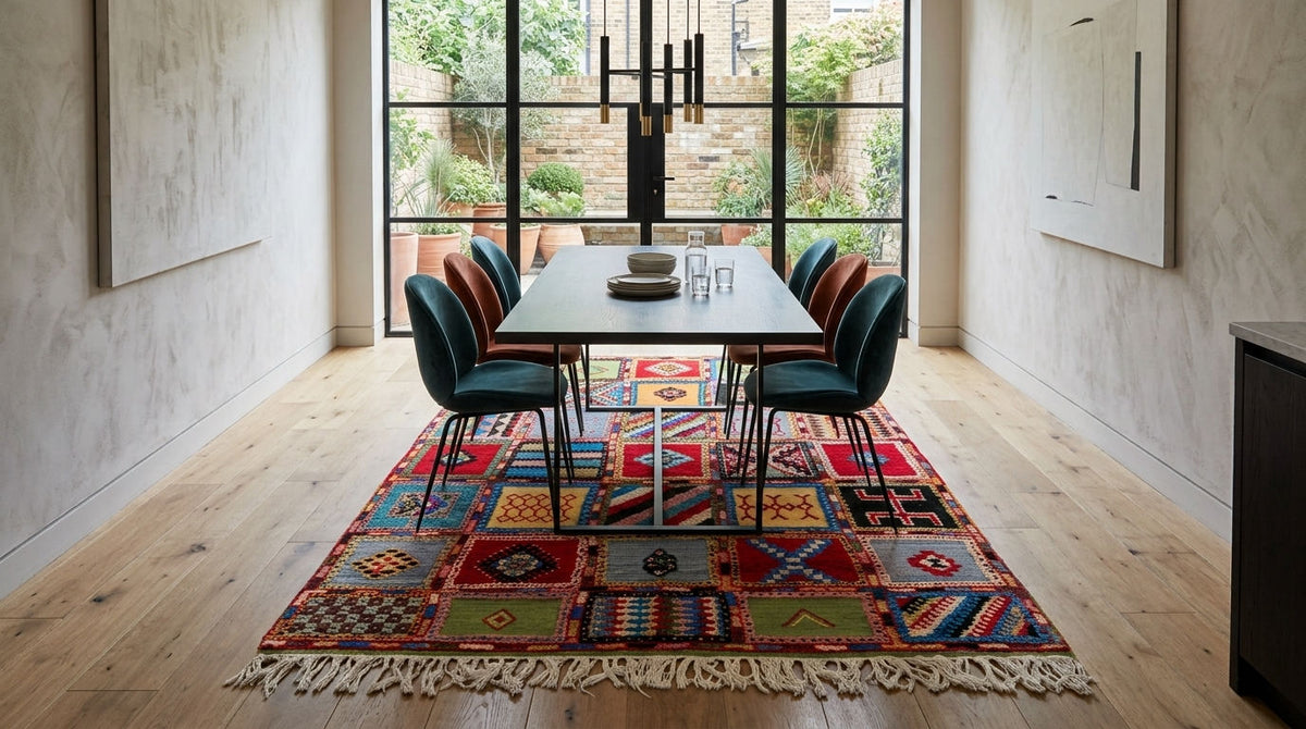 A beautiful patchwork Moroccan rug in a dining room.
