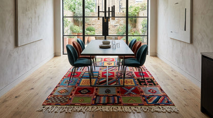 A beautiful patchwork Moroccan rug in a dining room.
