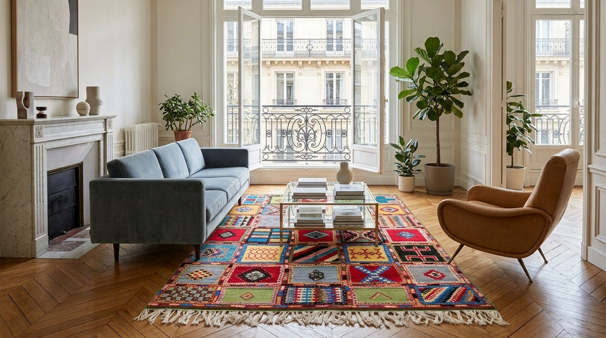 Moroccan wool rug , multicoloured patchwork design.