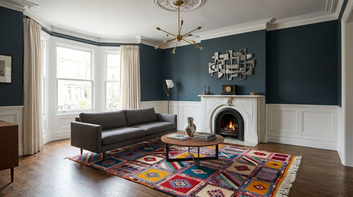 A styled living room featuring a dark gray sofa, a colorful geometric patterned area rug, a white fireplace with a lit fire, and dark blue walls with white wainscoting.