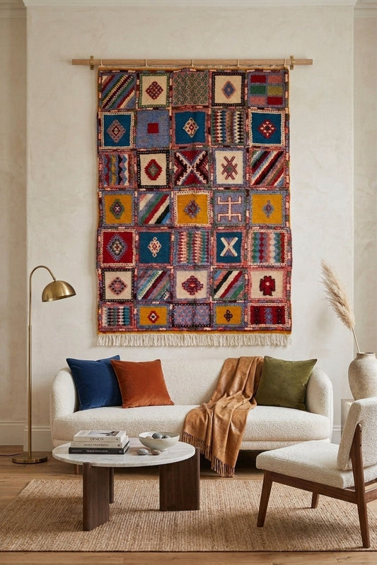 A large, colorful patchwork kilim wall hanging with geometric patterns is displayed in a styled living room above a white sofa with blue, rust, and olive pillows.