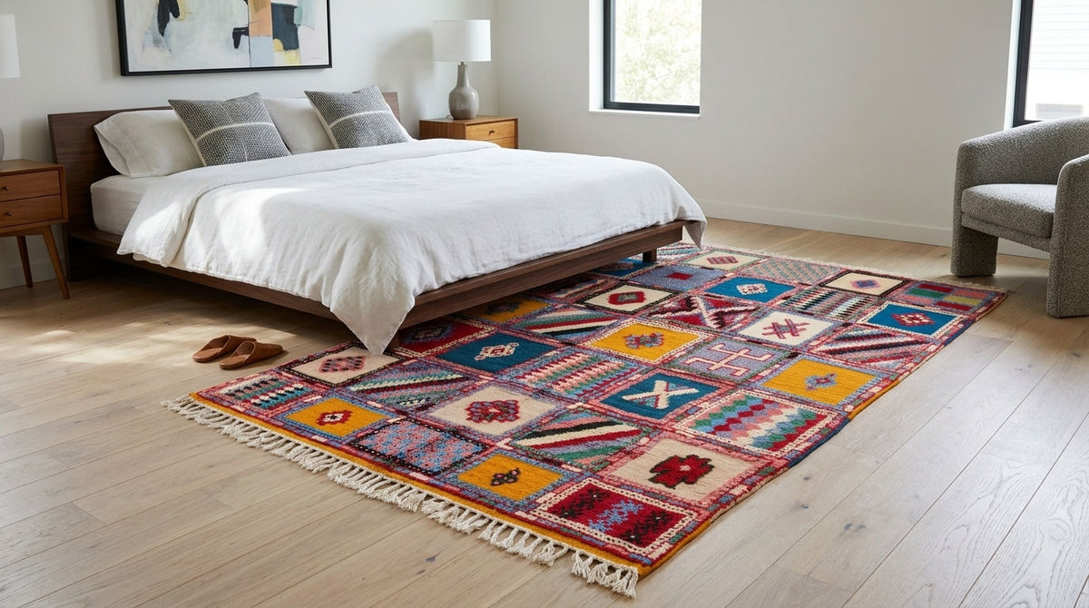 A colorful patchwork-style area rug with fringe, shown on a light wood floor in a modern bedroom setting next to a bed and armchair.