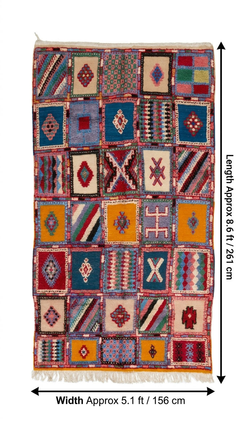 A rectangular patchwork-style woven rug with many colorful geometric and diamond motifs, shown flat against a white background with measurement arrows.