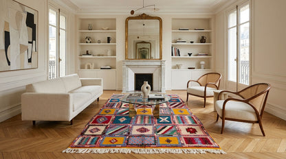 A colorful geometric area rug with fringe, styled in a bright, classic Parisian-style living room with a white sofa, two wooden armchairs, and a central fireplace.