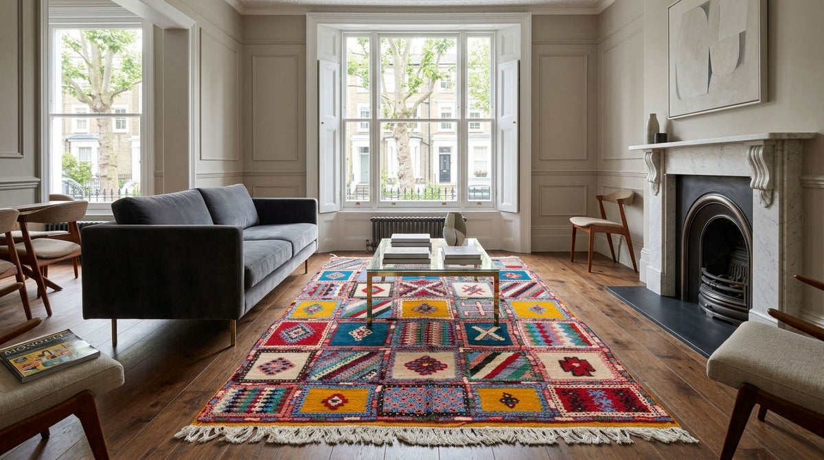 A large, vibrant patchwork-style area rug with fringed edges is styled in a classic London-style living room with hardwood floors, a gray sofa, and a fireplace.