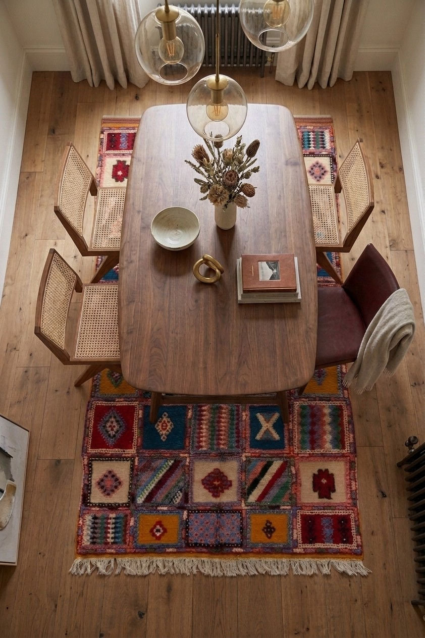 Overhead view of a rustic dining room with a wooden table, woven cane chairs, a colorful patchwork area rug, and a chandelier hanging from the ceiling.