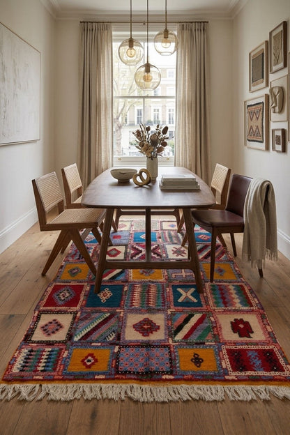A colorful patchwork-style area rug with fringe, shown in a styled dining room setting with a wooden dining table, chairs, pendant lights, and a window.