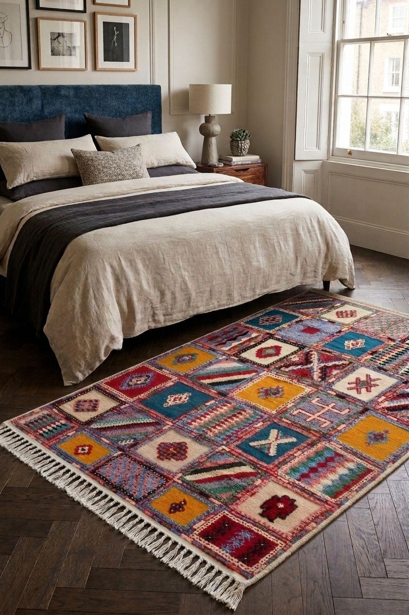 A colorful patchwork-style area rug with fringe, styled on a dark wood floor in a bedroom next to a bed with neutral-toned bedding.
