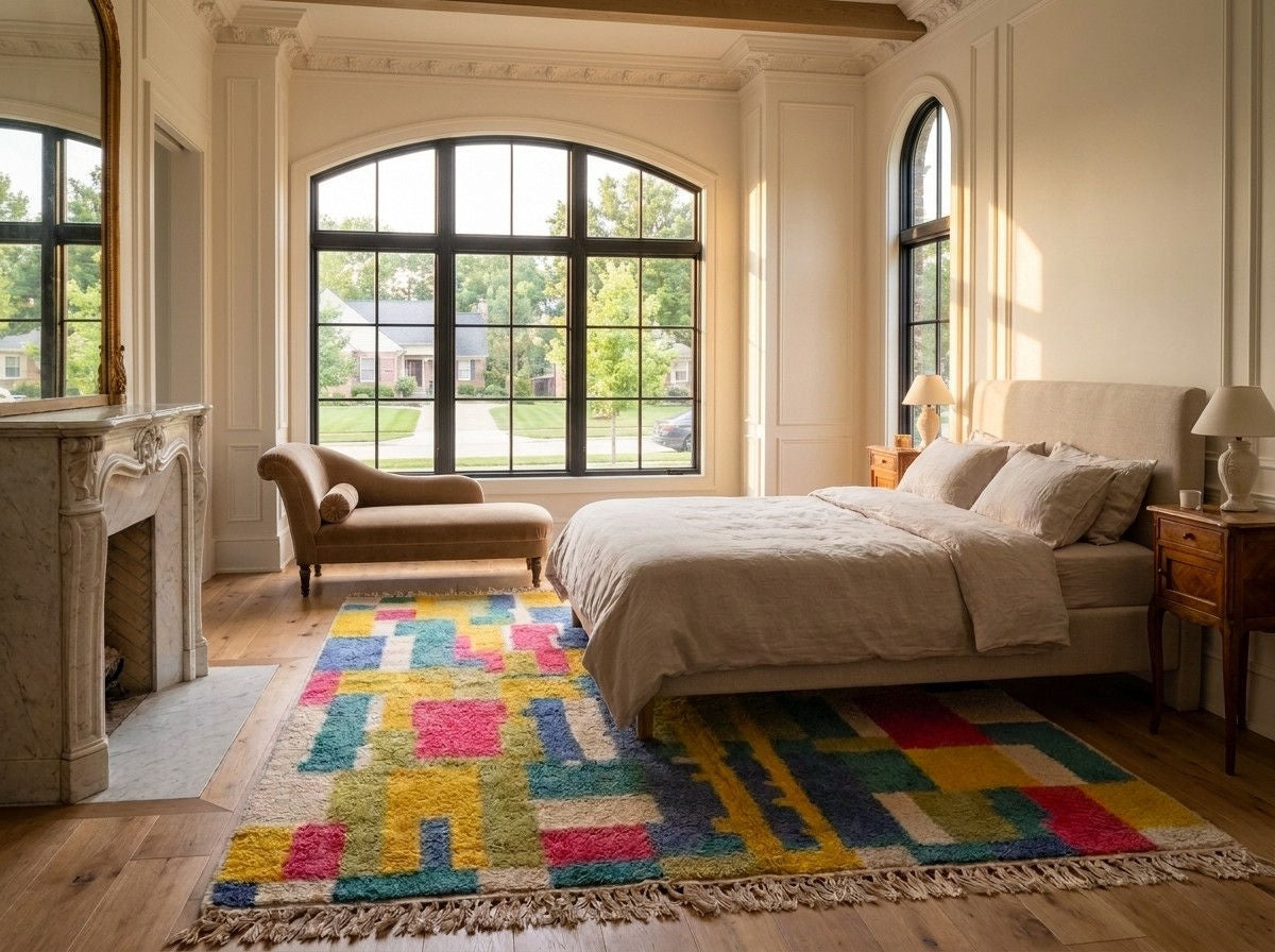 A large, vibrant geometric area rug with multicolored blocks in yellow, blue, pink, green, and orange, styled in a bright, classic bedroom with a beige bed, chaise, and fireplace.