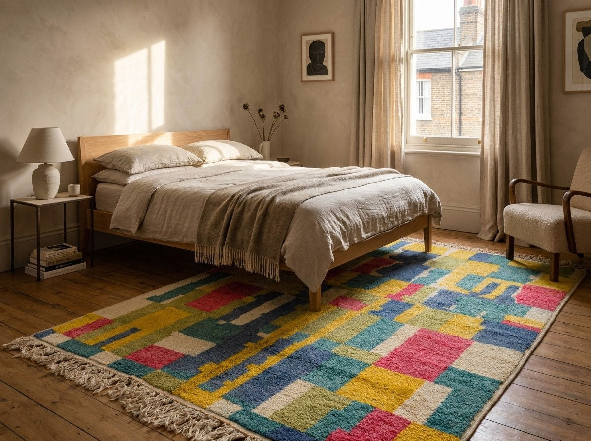 A colorful geometric area rug with a chunky shag texture and fringe, styled on a wooden floor in a sunlit bedroom next to a bed and armchair. A beautiful, one of a kin moroccan rug.