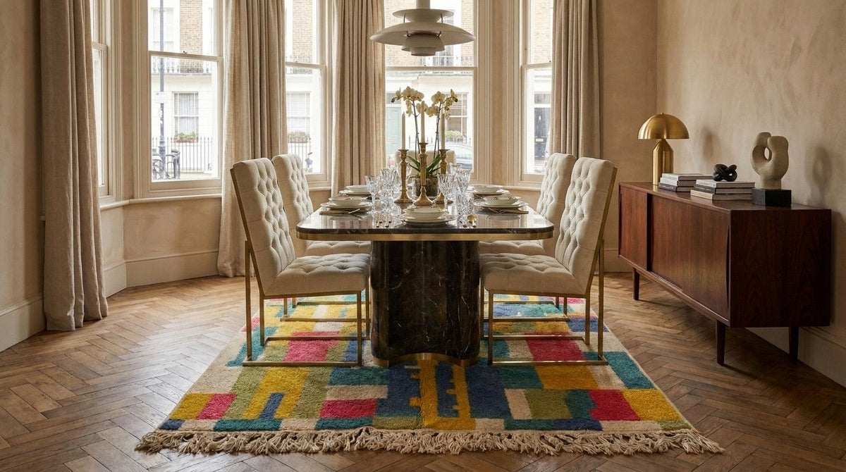 A colourful geometric area rug with fringe, styled in a dining room under a dark wood dining table and tufted chairs.