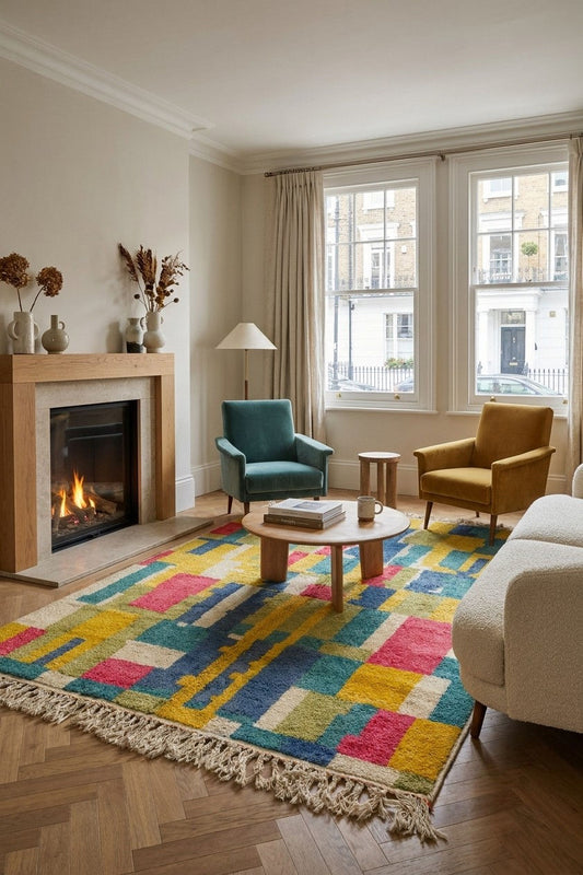 A vibrant, multicolored geometric area rug with a cream fringe, styled in a cozy living room with a fireplace, two armchairs, and large windows. This is a premium quality Moroccan high pile rug.