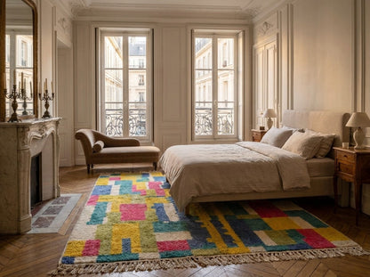 A colorful geometric area Moroccan rug with fringe, styled in a classic Parisian-style bedroom with a bed, chaise, and windows.