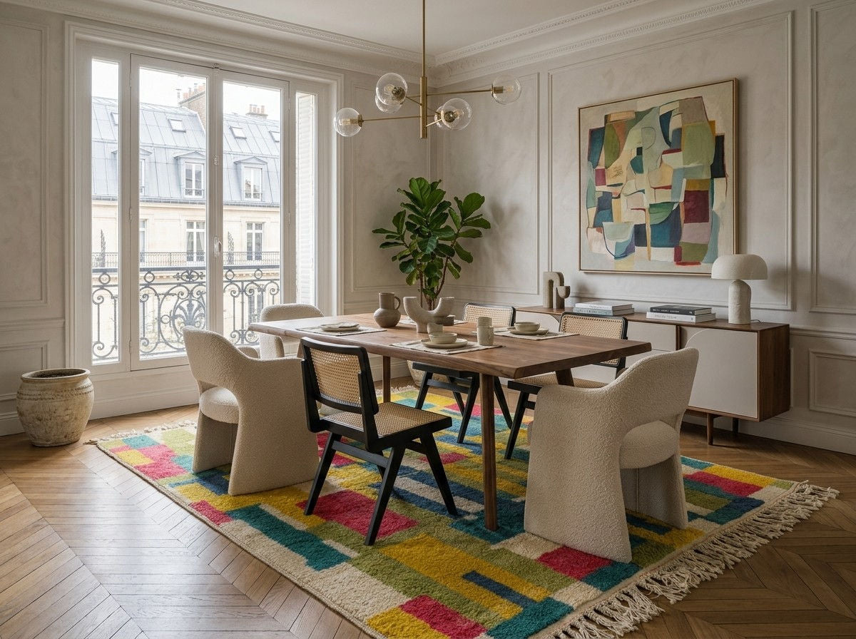 A colorful geometric area rug styled in a dining room interior featuring a colorful geometric area rug under a wooden dining table and cream upholstered chairs, with a large abstract painting on the wall and a balcony view in the background.