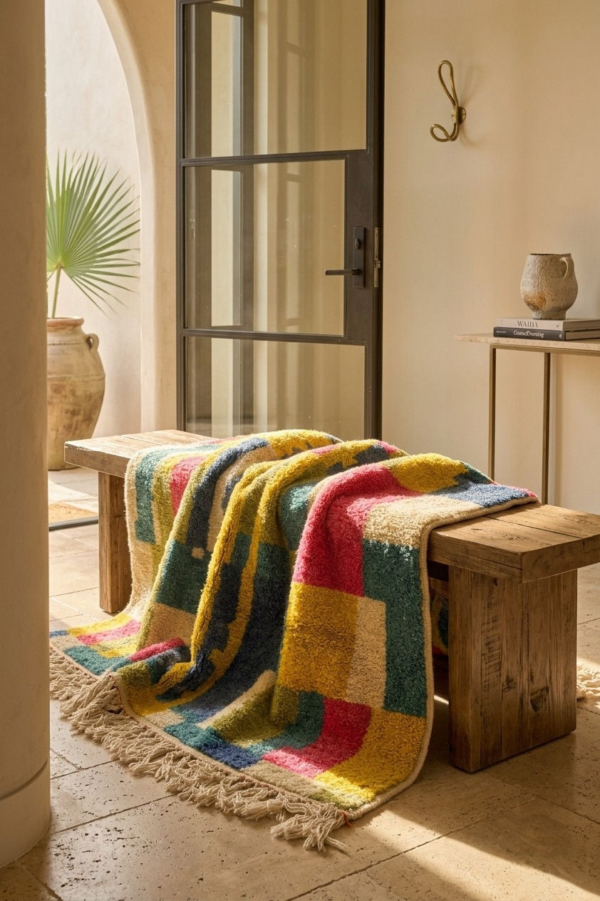 A colourful woven moroccan rug with fringe draped over a rustic wooden bench in a warm, sunlit interior setting.
