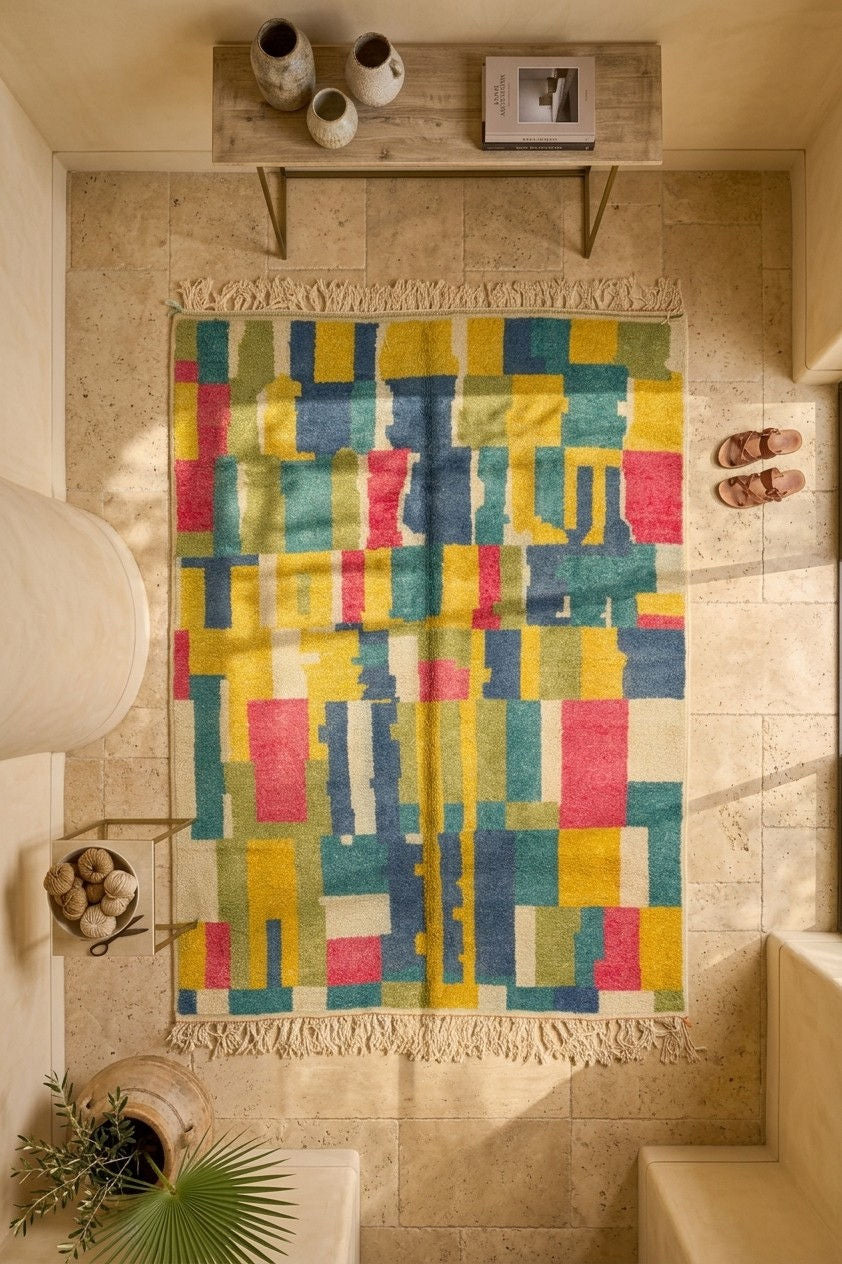 A colorful geometric area rug with fringe, displayed in a styled home entryway with a stone tile floor, a wooden bench, and decorative accessories.