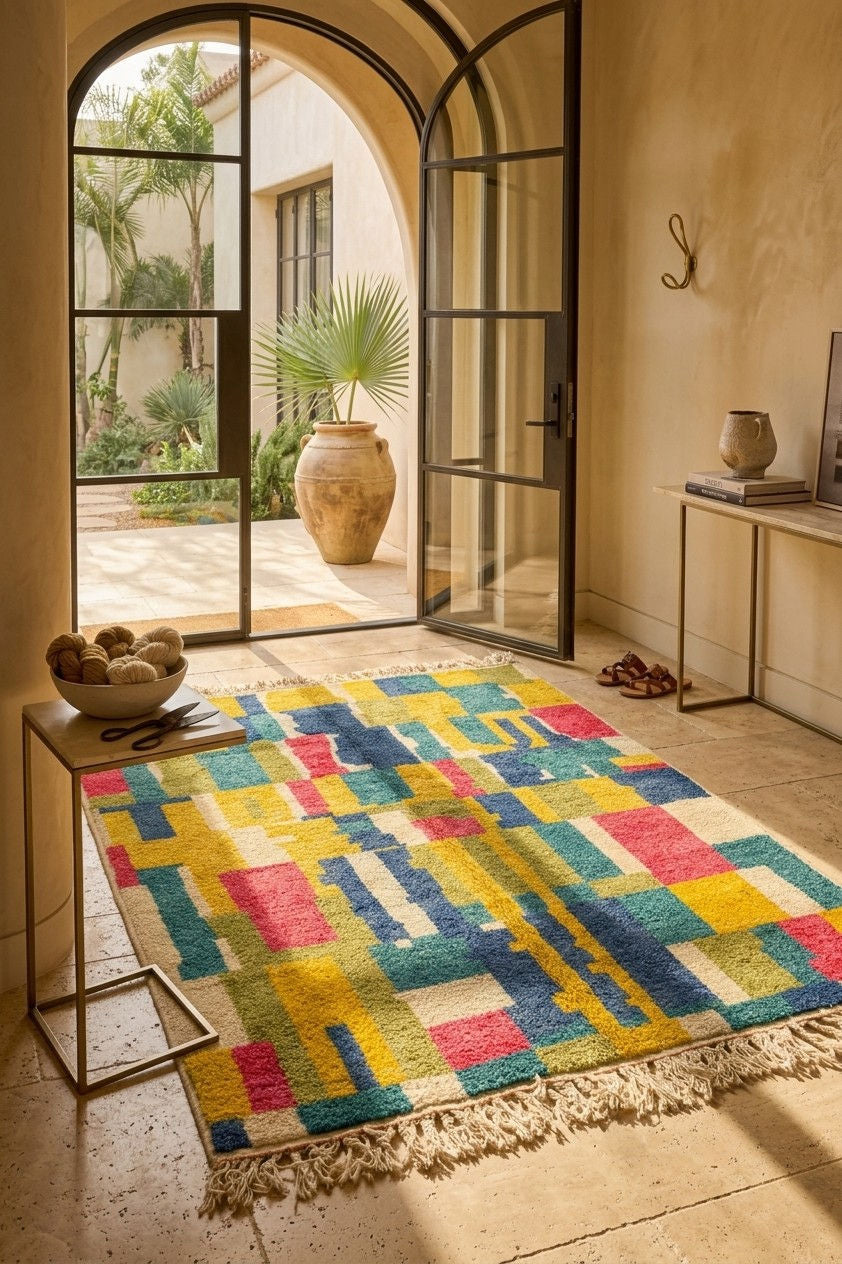 A colorful geometric area rug with fringe, displayed on a stone floor in a warm, sunlit entryway with arched glass doors leading to a patio. A moroccan premium quality rug.