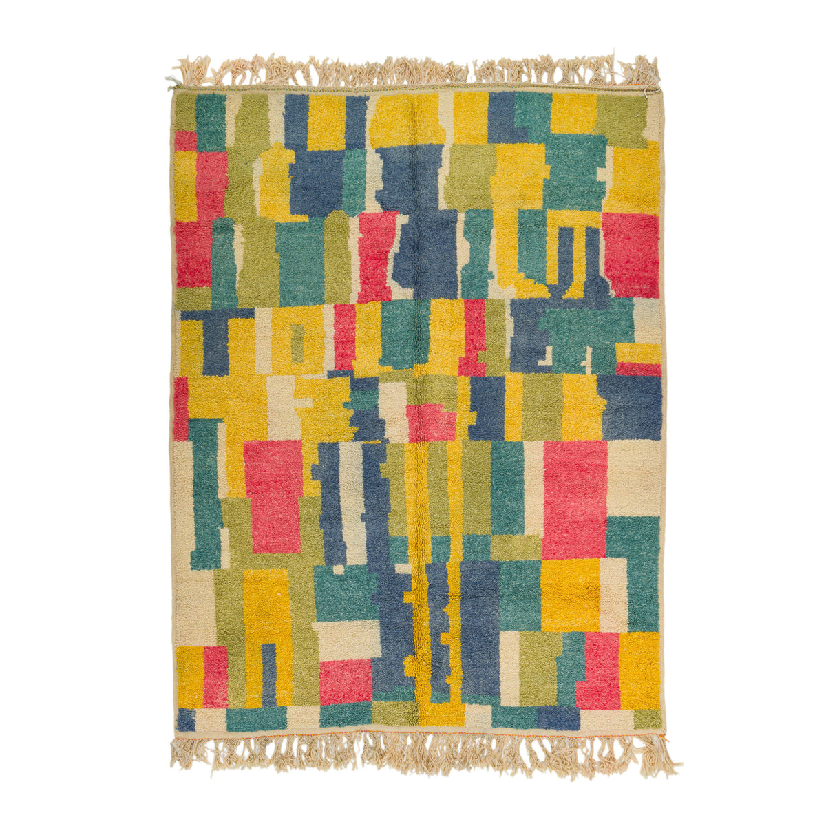 A modern wool high pile woven area rug with a colorful geometric block pattern in yellow, teal, navy, red, and beige, finished with natural beige fringes on the top and bottom. A superb moroccan rug.