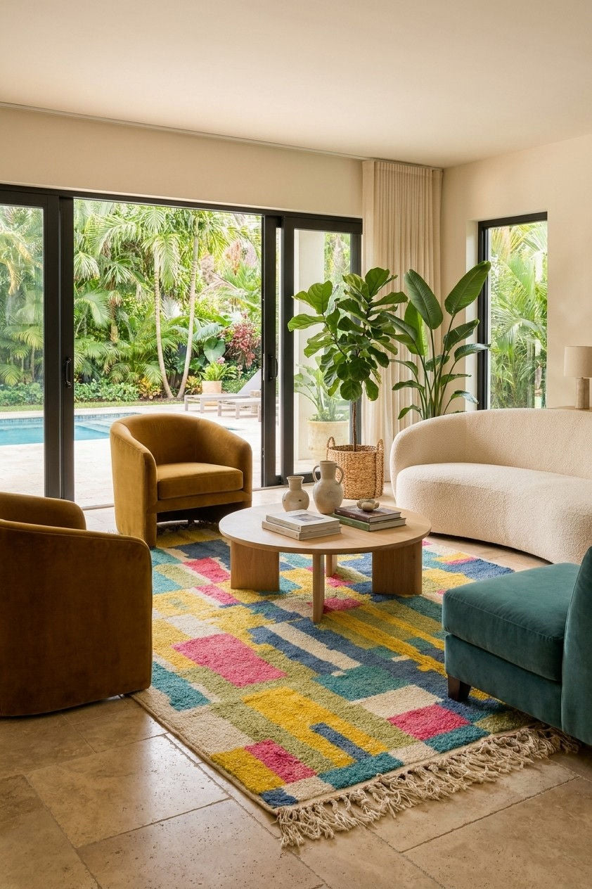 A colorful area rug with a geometric pattern in pink, yellow, blue, and beige, styled in a modern living room with a round wooden coffee table, a cream sofa, and large windows overlooking a tropical poolside garden.