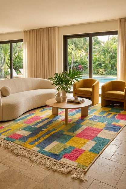 A large, vibrant geometric area rug with cream fringe, styled in a bright, modern living room with a curved cream sofa, two mustard yellow armchairs, and a round wooden coffee table.