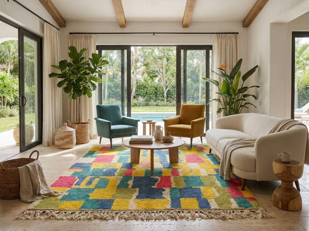 A colorful geometric area rug in a bright, modern living room with a cream sofa, two accent chairs, and large windows overlooking a pool and garden.