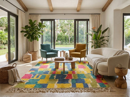 A colorful geometric area rug in a bright, modern living room with a cream sofa, two accent chairs, and large windows overlooking a pool and garden.