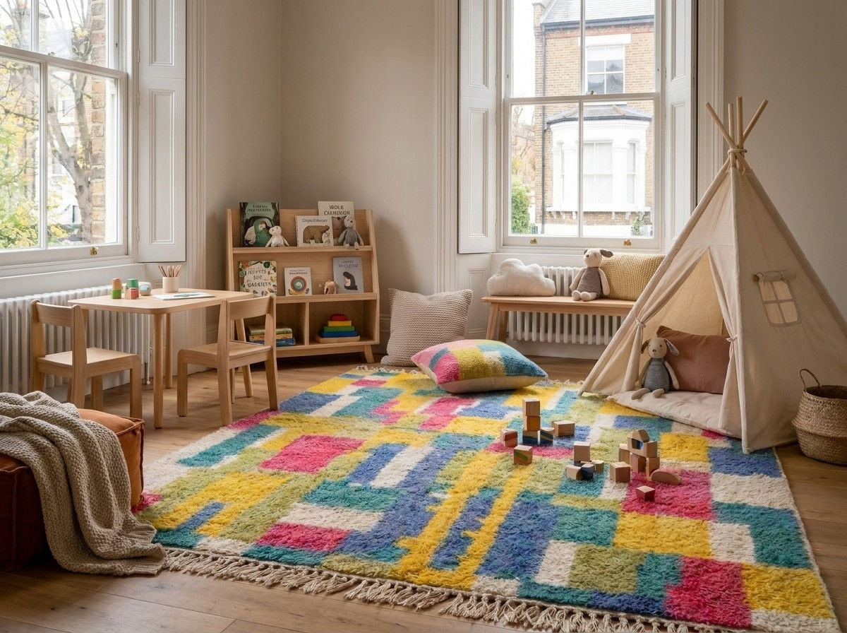 A colorful children's play rug with a geometric patchwork pattern in yellow, blue, pink, green, and white, styled in a bright, modern playroom with a wooden teepee tent, small wooden table, and toys.