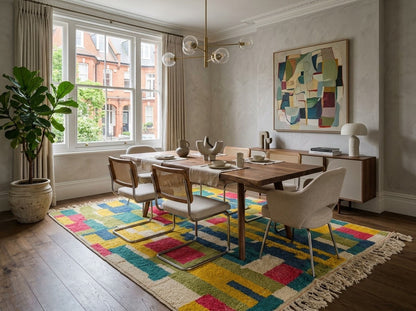 A styled dining room featuring a colorful geometric area rug under a wooden dining table and cream chairs, with a large potted plant by a window and a framed abstract painting on the wall.