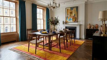 A patterned Beni Ourain rug from Morocco with yellow, orange, and red tones set in a dining room featuring a rectangular wooden dining table and six matching wooden chairs placed on a large . The room has tall windows with dark teal curtains, a white fireplace with a painting above it, and a dark sideboard with a lamp on the right.