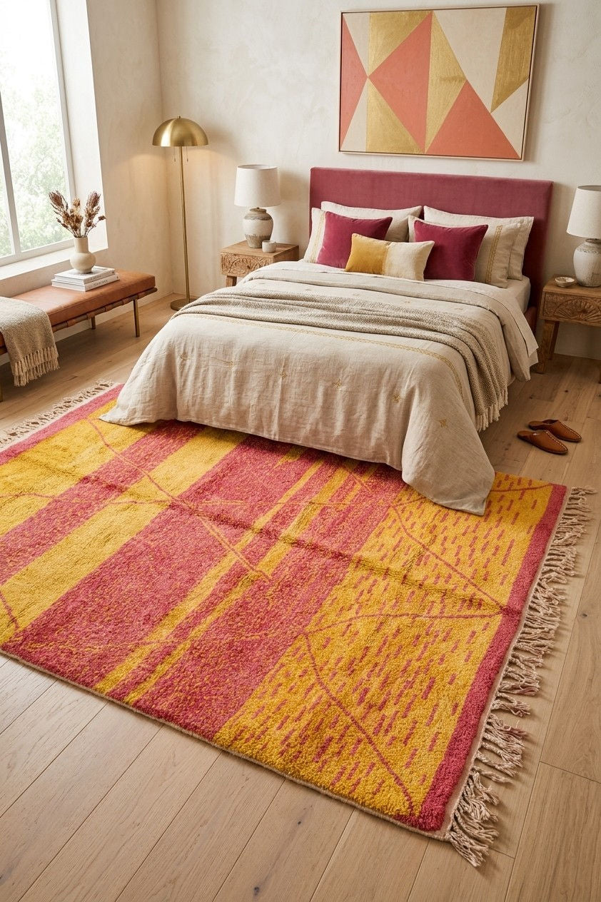 A large Beni Ourain Moroccan rug with a textured geometric pattern in yellow, pink, and orange, styled on a light wood floor in a modern bedroom setting.