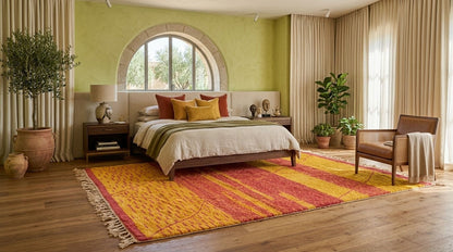 A beautiful Moroccan Beni Ourain rug in colourful colours set in a luxirious bedroom.