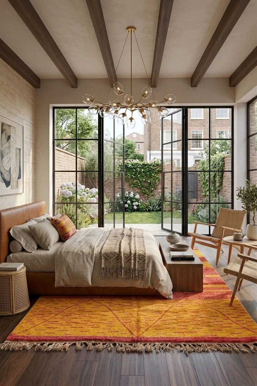 A styled bedroom interior with a bed dressed in neutral bedding, a large orange and red patterned rug, exposed wooden ceiling beams, and tall black-framed windows opening onto a garden patio.