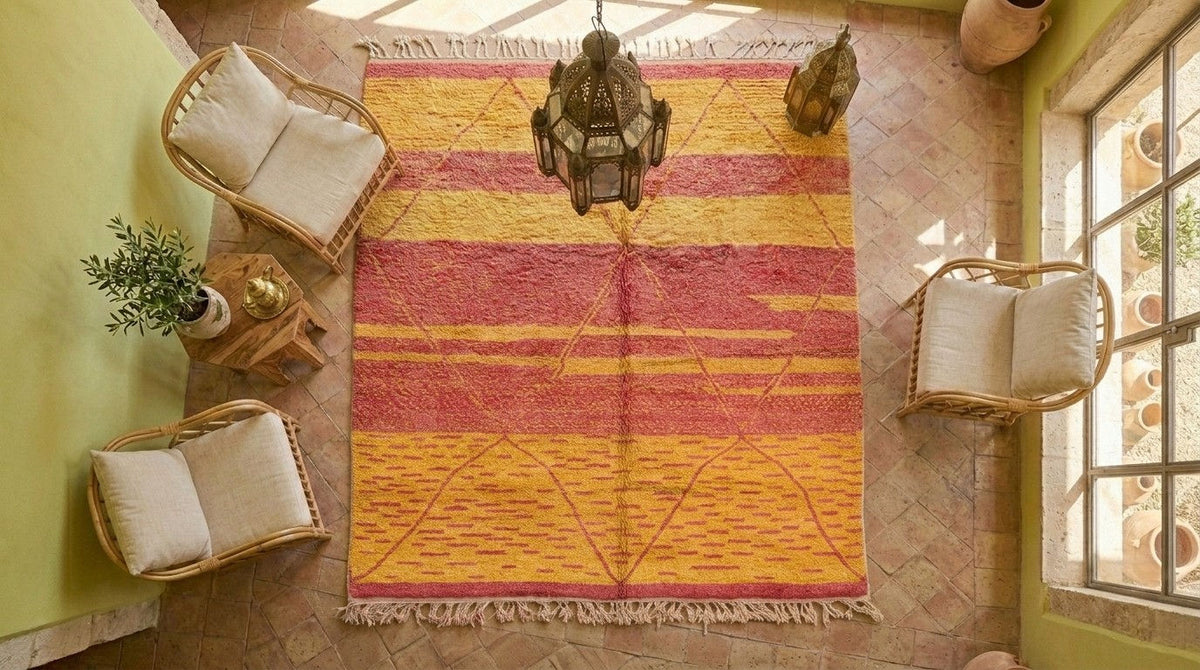 A large Moroccan Beni Ourain rug with a geometric pattern in orange, yellow, and pink, styled in a bright room with wicker chairs, a hanging lantern, and a tiled floor.