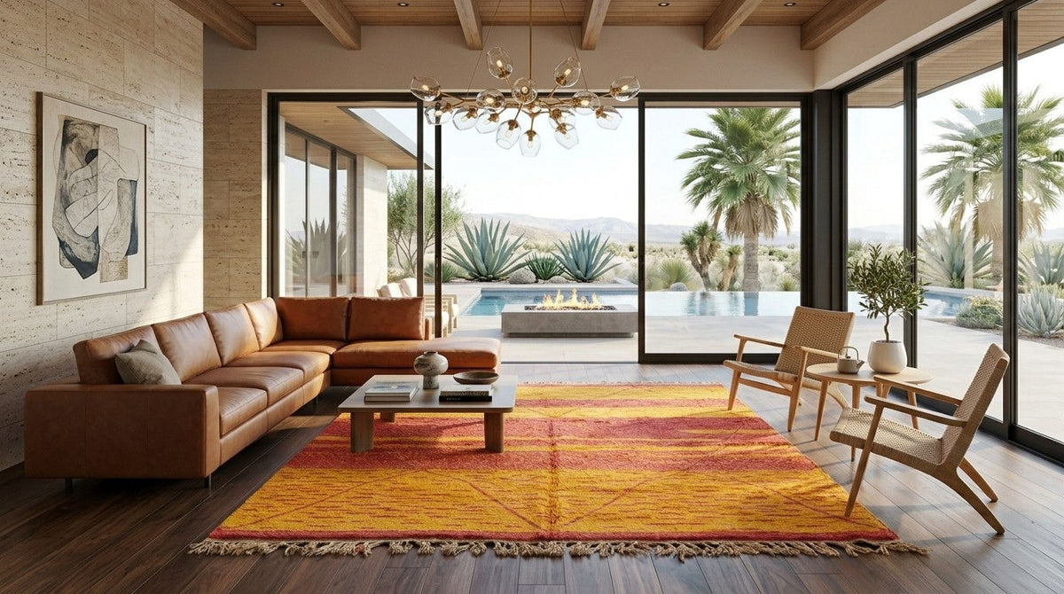 A modern living room with a large brown leather sectional sofa, a colorful orange and yellow patterned area rug, wooden chairs, and large floor-to-ceiling windows overlooking a pool and desert landscape.