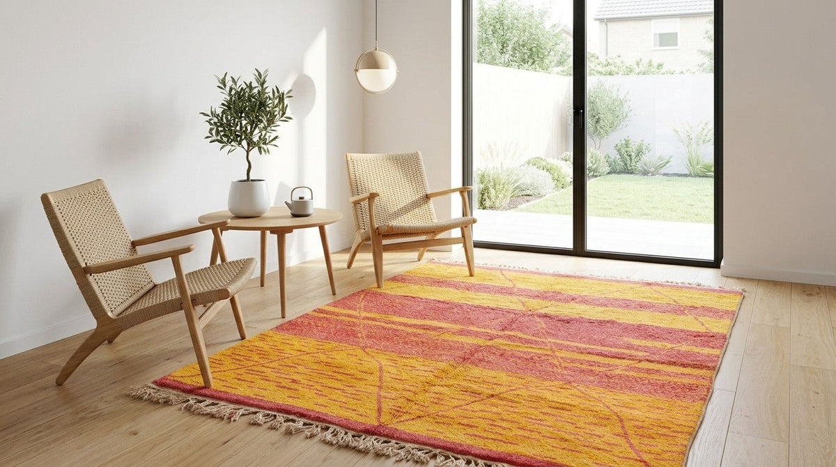 A rectangular area rug with a textured, hand-dyed pattern in orange, yellow, and red stripes, styled in a bright, modern room with two wooden chairs and a small side table.