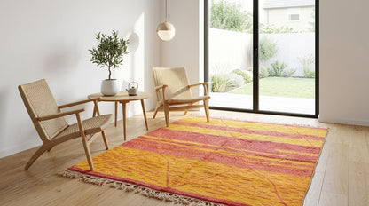 A rectangular area rug with a textured, hand-dyed pattern in orange, yellow, and red stripes, styled in a bright, modern room with two wooden chairs and a small side table.