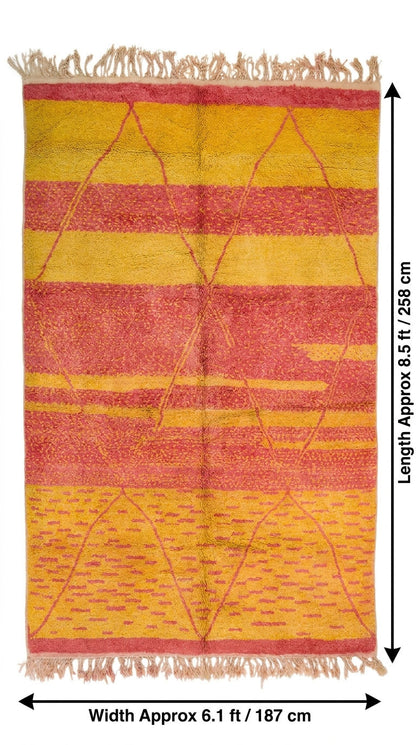 A rectangular woven rug with fringe on all sides, shown flat against a white background with dimension arrows and text indicating length approximately 8.5 ft (258 cm) and width approximately 6.